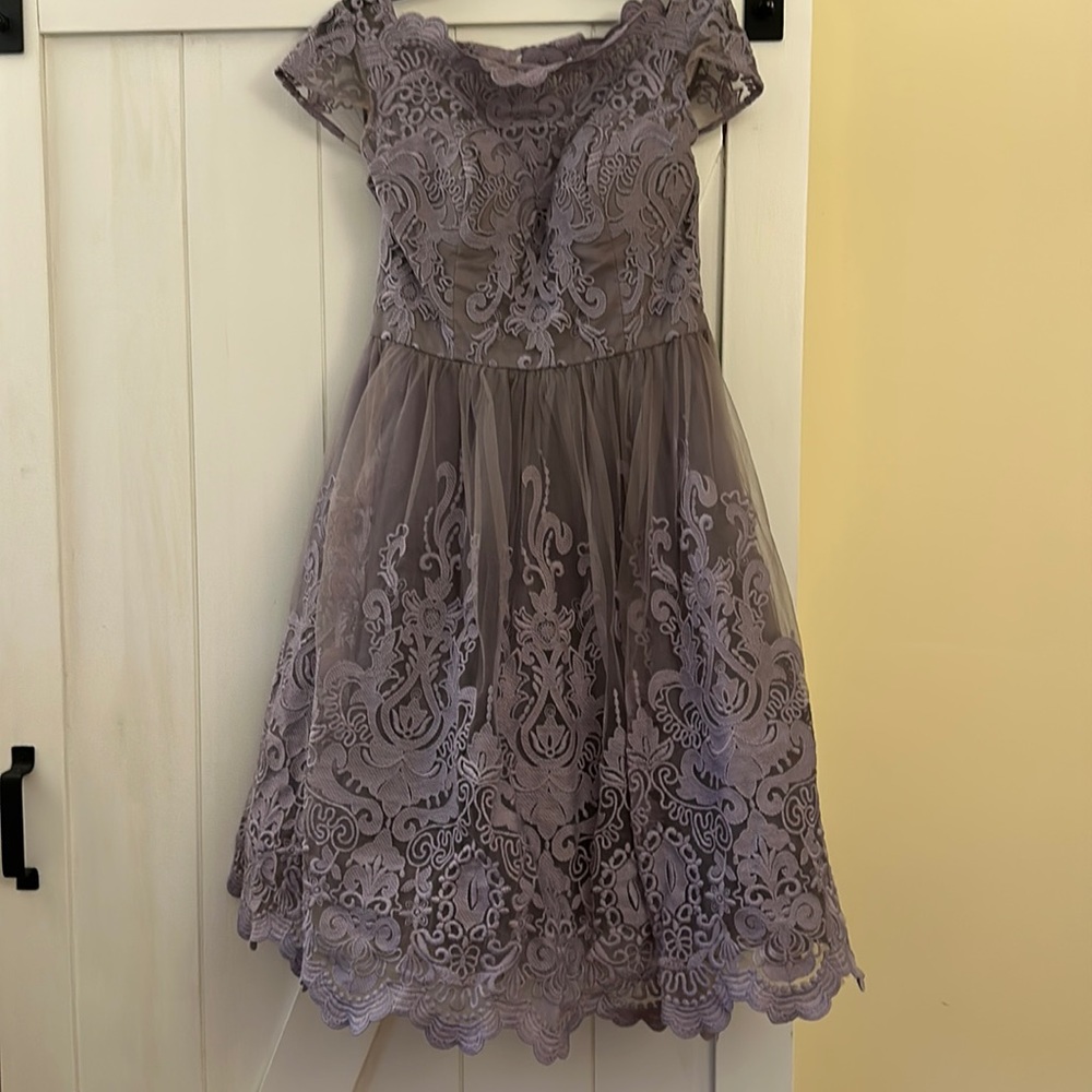 Pretty size 12 fit and flare, lace and tulle, occasion dress, lavender